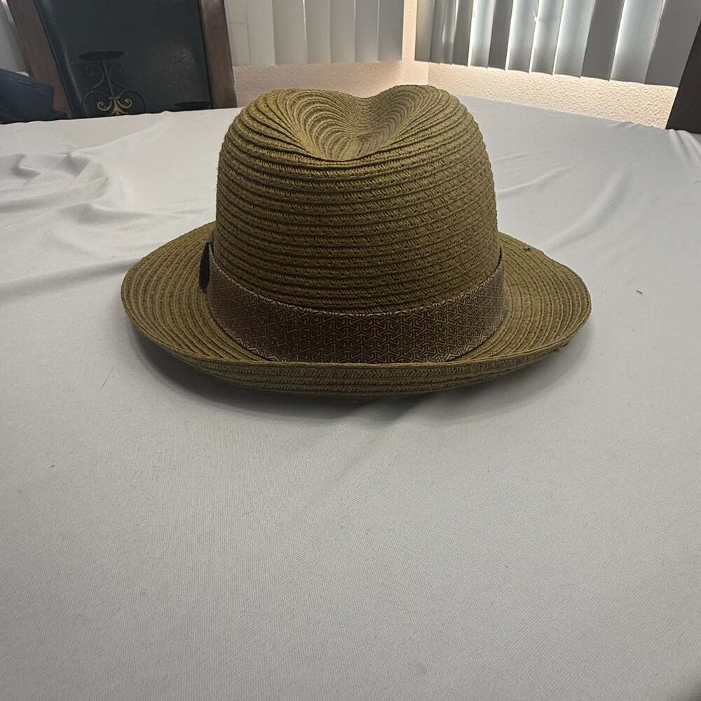 Olive Green 100% Paper Straw Fedora Hat with Geometric Band